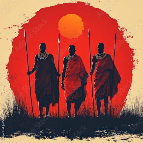 Vector illustration of Maasai warriors standing guard with spears