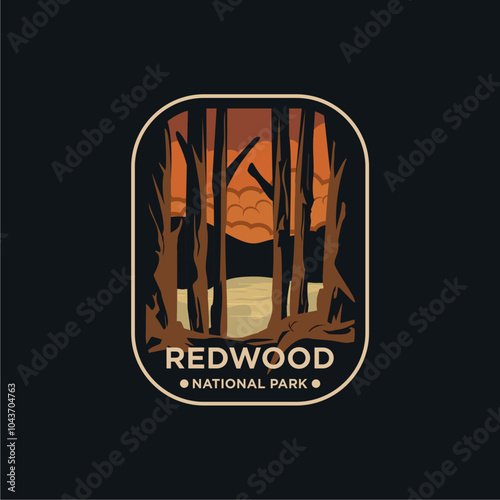 Emblem sticker patch logo illustration of Redwood National Park on dark background, forest vector badge
