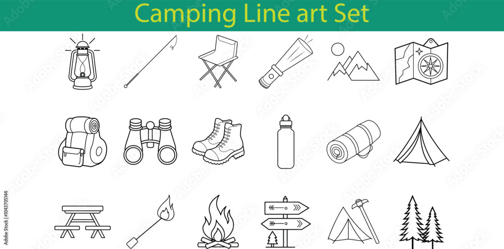 Fototapeta premium A collection of 18 line art icons depicting various camping essentials, including a lantern, a fishing rod, a chair, a flashlight, a map, a backpack, binoculars, boots, a water bottle, a sleeping bag,