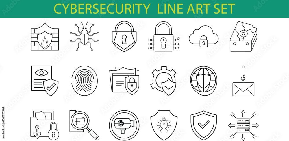 Fototapeta premium A set of 18 cybersecurity icons in line art style depicting various aspects of digital protection such as firewalls, locks, encryption, security checks, and more.