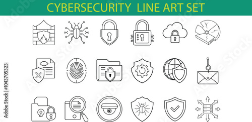 A set of 18 cybersecurity line art icons, including padlock, firewall, fingerprint, document, and cloud icons.