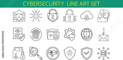 A set of 18 cybersecurity icons in line art style depicting various aspects of digital protection such as firewalls, locks, encryption, security checks, and more.