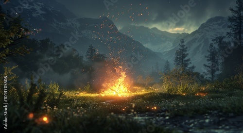 Campfire Burning Brightly in a Mountain Forest at Night