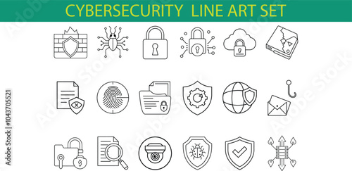 A set of 18 cybersecurity line art icons, depicting various methods of data protection and security measures, such as locks, shields, firewalls, and more.