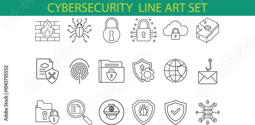 A collection of 18 cybersecurity line art icons, including locks, shields, files, a bug, a cloud, and a network. The icons are simple and stylish, making them perfect for use in websites, presentation