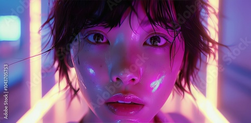Close-Up Portrait of a Woman With Short Black Hair Illuminated by Neon Lights