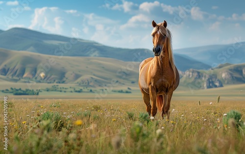 A Single Horse Stands in a Meadow Under a Blue Sky
