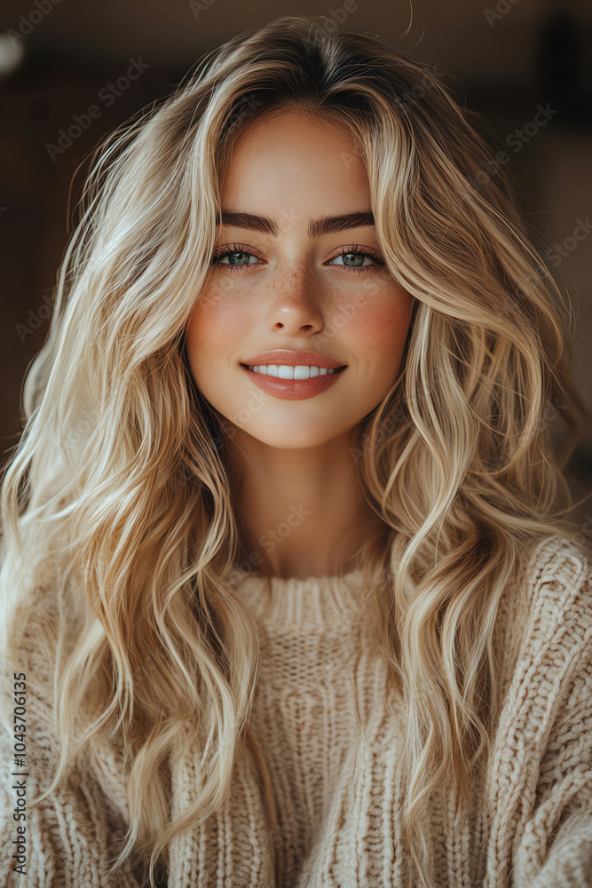 Fototapeta premium Smiling blonde woman with flowing hair, soft peach background