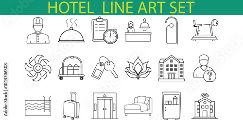 The image depicts a set of 18 line art icons representing various aspects of a hotel experience, including staff, amenities, and services.