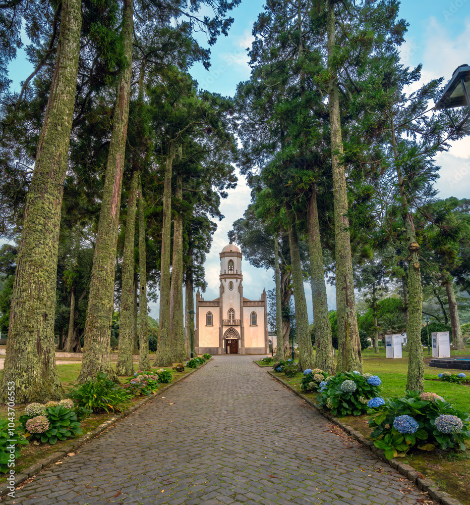 The pretty chucrh and main square of the picturesque village of Sete Cidades, São Miguel Island, Azores Islands, Portugal