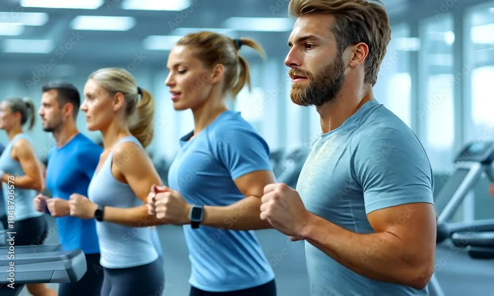 Group of people running on treadmills in a gym setting. Group of people running on treadmills in a gym setting.