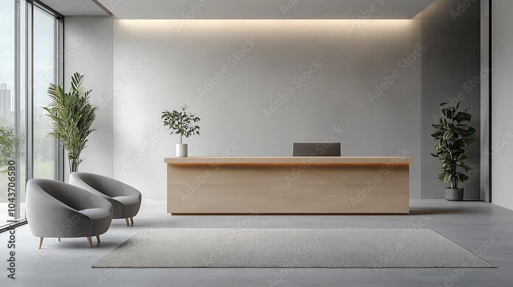 Fototapeta premium Modern minimalist office reception with light wood desk and natural decor