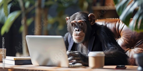 Chimpanzee Using Laptop Computer Outdoors
