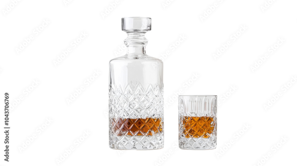 Crystal Decanter and Glass with Amber Liquid. Crystal Decanter and Glass with Amber Liquid.