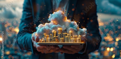 Person Holding Tablet With Cloud Computing Cityscape Illustration