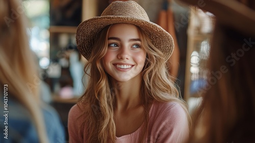 Young woman smiling while wearing a cap in a vibrant indoor setting during da...