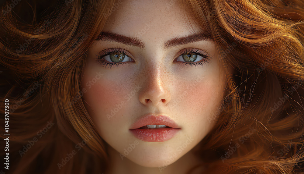 Woman with flowing brown hair, soft studio lighting, detailed hair texture, serene expression Woman with flowing brown hair, soft studio lighting, detailed hair texture, serene expression
