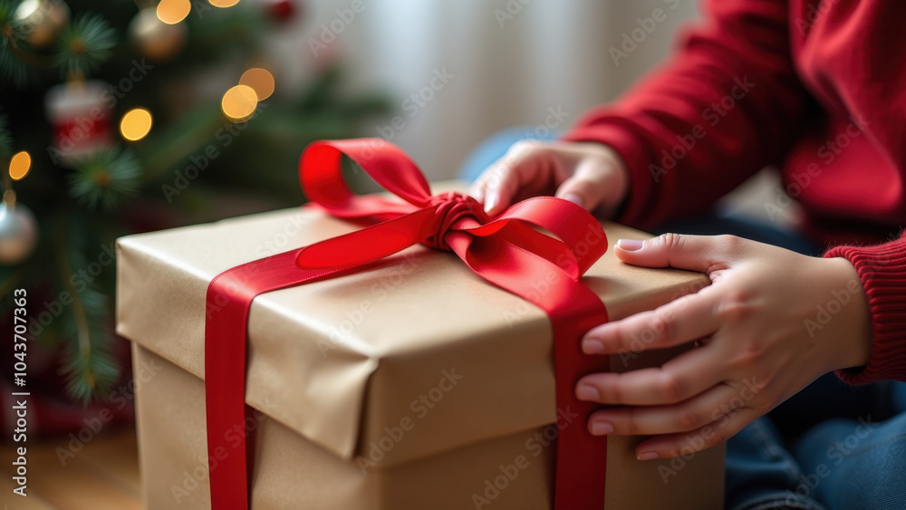 Close-up of a person wrapping a present with a red bow, holiday lights in the background. Close-up of a person wrapping a present with a red bow, holiday lights in the background.