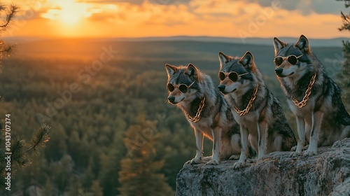 Three Stylish Wolves in Sunglasses at Sunset