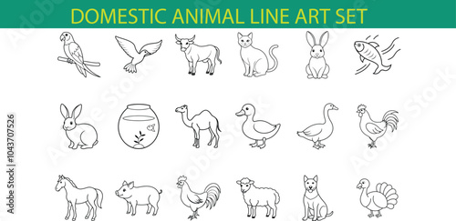 A set of 18 line art illustrations depicting various domestic animals including a cat, dog, horse, pig, duck, chicken, rabbit, camel, and more.