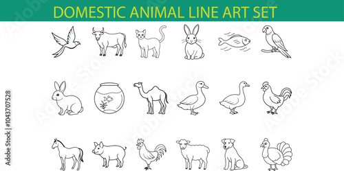 A set of line art illustrations depicting various domestic animals, including a cow, cat, rabbit, fish, parrot, camel, duck, chicken, sheep, pig, horse, and turkey.