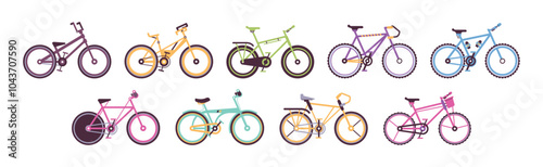 Colorful Bicycles and Bike as Pedal Driven Vehicle Vector Set