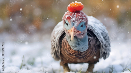Funny photo of a turkey in a knitted hat on the street in winter. Thanksgiving turkey, Christmas, New Year. Bird in a hat. Cold snap, winter weather, temperature. Funny poster with animals in a hat.