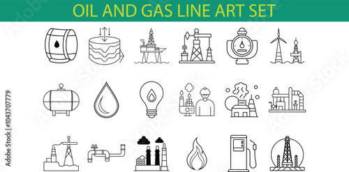 A collection of 20 line art icons depicting various elements of the oil and gas industry, including oil rigs, barrels, pipelines, gas stations, and more.