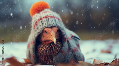Funny photo of a turkey in a knitted hat on the street in winter. Thanksgiving turkey, Christmas, New Year. Bird in a hat. Cold snap, winter weather, temperature. Funny poster with animals in a hat.