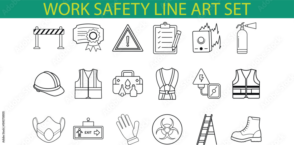 Fototapeta premium A collection of 18 black and white line art icons depicting work safety equipment and symbols like a hard hat, safety vest, gloves, and a fire extinguisher.