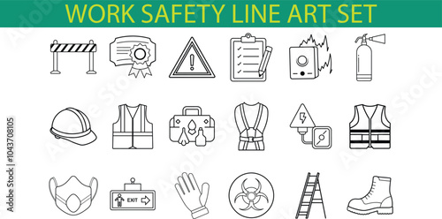 A collection of 18 black and white line art icons depicting work safety equipment and symbols like a hard hat, safety vest, gloves, and a fire extinguisher.