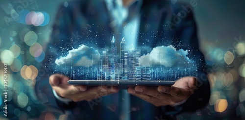 Person Holding Tablet With Cloud Computing Cityscape Illustration
