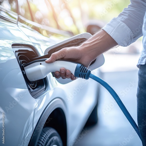 Person charging an electric vehicle at a charging station, representing modern sustainable transportation. photo