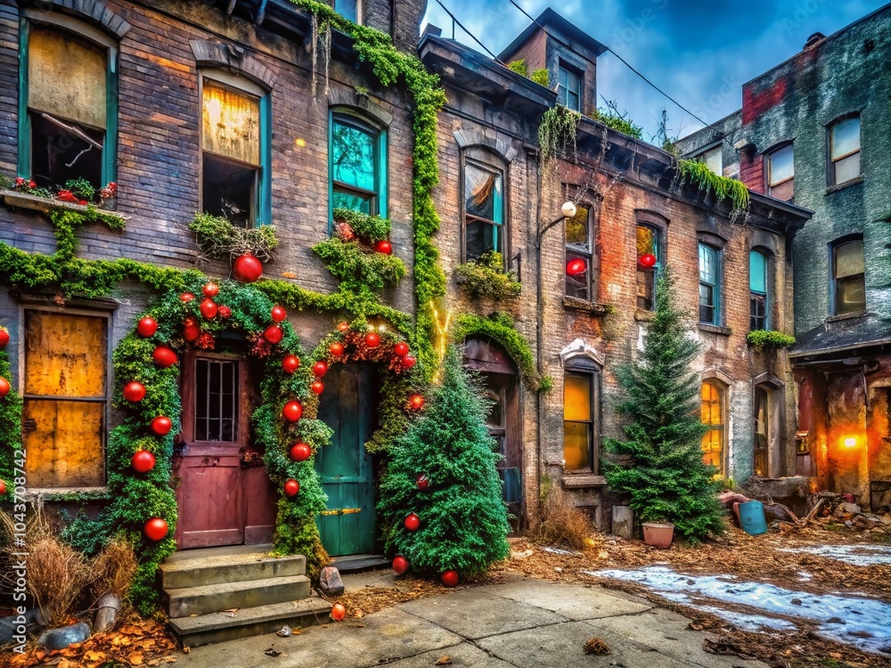 Fototapeta premium Urban Exploration Christmas Decorations in Abandoned Buildings for Festive Spirit