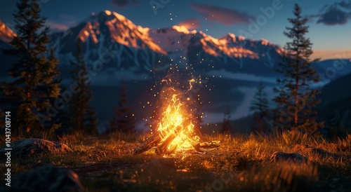 Campfire Burning Brightly in a Mountain Forest at Night
