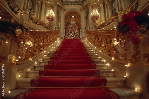 Luxurious grand staircase adorned with red carpet festive garlands and Christmas lights capturing the elegance and opulence of holiday celebrations in a royal setting