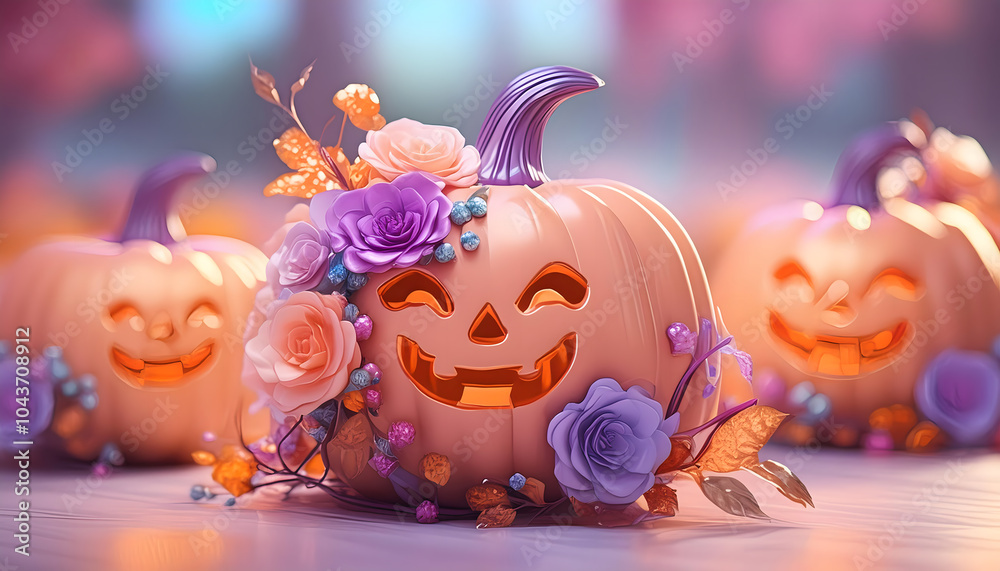Obraz premium cute, rosa, purple, jack-o-lantern, pumpkin, with, flowers, photo, macro, modern, halloween, pink, flower, rose, decoration, beauty, bouquet, gift, celebration, october, card, design, bohemian, ad