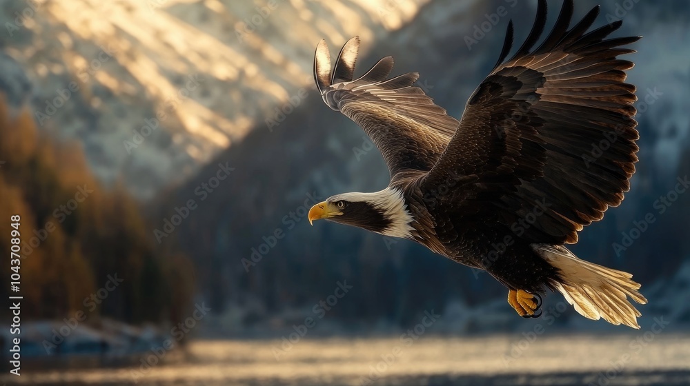 Obraz premium A bald eagle diving toward a shimmering lake, captured mid-flight with a keen expression