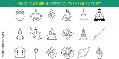 A collection of 18 line art icons representing Hindu culture and festival elements, including a pot, diya, peacock feather, lotus flower, and more.