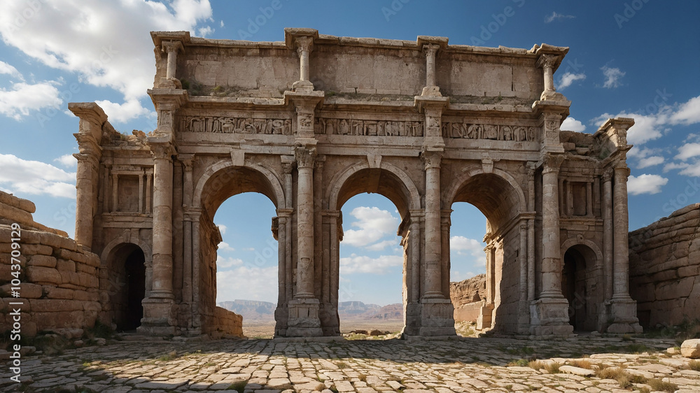 Obraz premium Majestic ancient stone arch under a bright sky, surrounded by rugged natural rock formations.