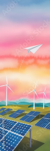 Watercolor Illustration of Renewable Energy Landscape