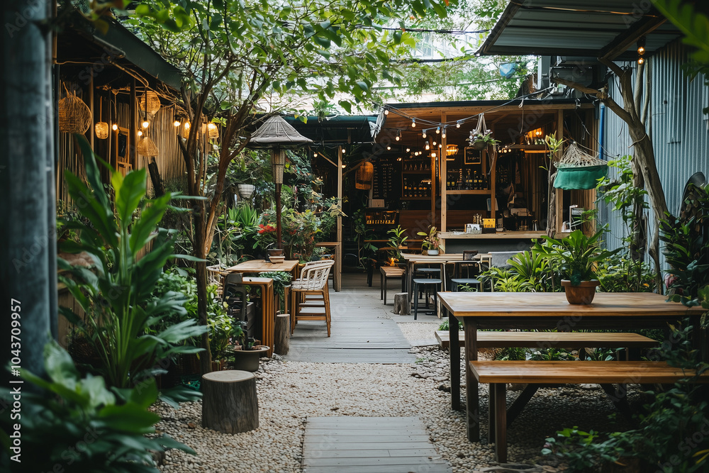 Obraz premium Landscape view of restaurant in the garden with warm light bulb and dining table, Exterior design of restaurant with cozy vibe, Restaurant and bar in backyard garden.