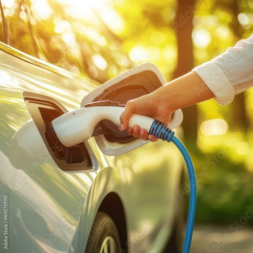 Person charging electric vehicle with cable during sunny day in a natural setting. photo