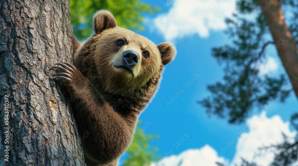 Obraz premium A bear climbing a tree, showcasing its agility and strength against a bright blue sky