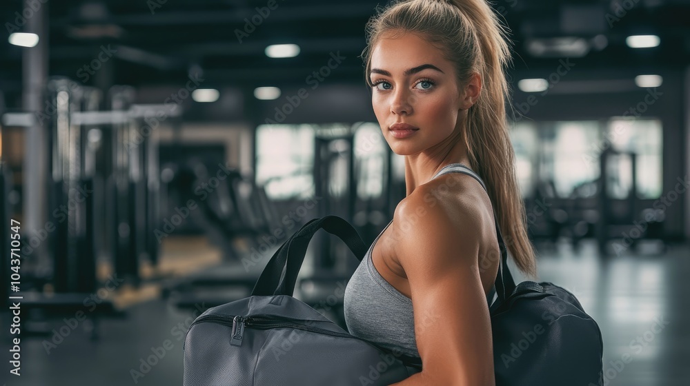 Portrait of a healthy attractive woman holding a fitness bag in a gym setting Portrait of a healthy attractive woman holding a fitness bag in a gym setting