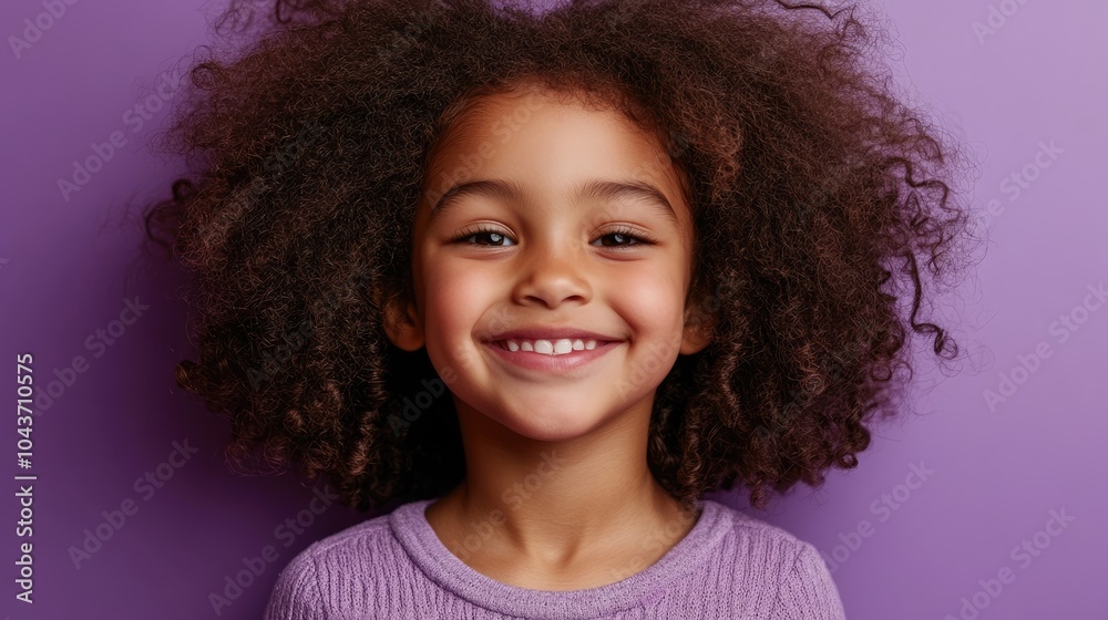 Joyful young girl with curly hair smiling and gazing at the camera against a purple backdrop Joyful young girl with curly hair smiling and gazing at the camera against a purple backdrop
