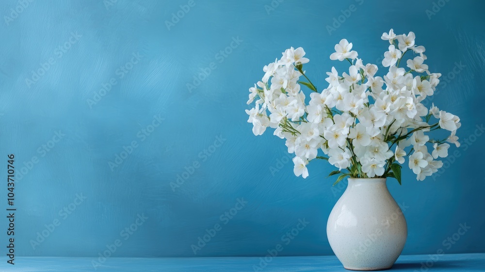 White flowers in a ceramic vase set against a blue backdrop White flowers in a ceramic vase set against a blue backdrop