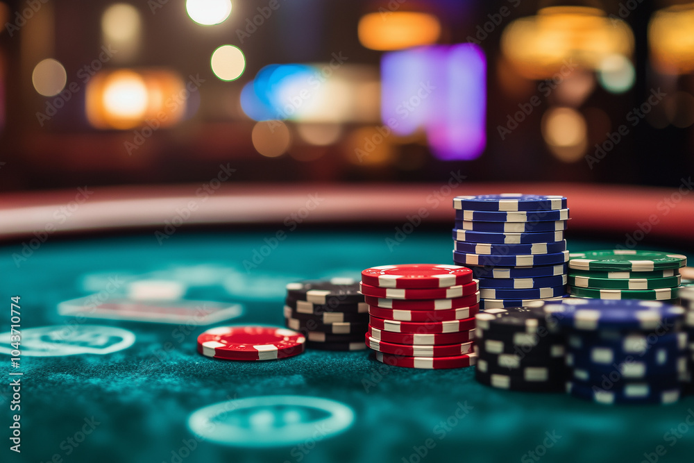 Selective focus pile of poker chip on poker table in casino, Casino game with gambling concept.