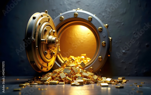 Large open bank vault with piles of gold coins and bars, Massive bank vault doo photo