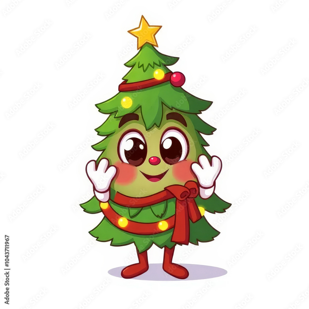 adorable depiction of a friendly Christmas tree character, decorated with festive baubles, twinkling stars, and a smiling face, bringing warmth adorable depiction of a friendly Christmas tree character, decorated with festive baubles, twinkling stars, and a smiling face, bringing warmth